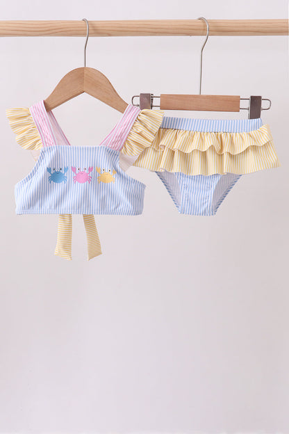 Colorblock crab embroidery ruffle 2pc swimsuit