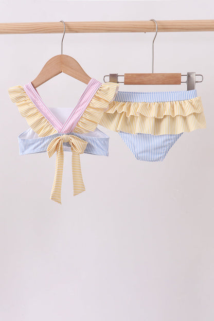Colorblock crab embroidery ruffle 2pc swimsuit