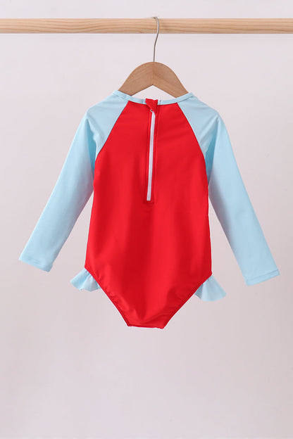 Red star embroidery ruffle rashguard