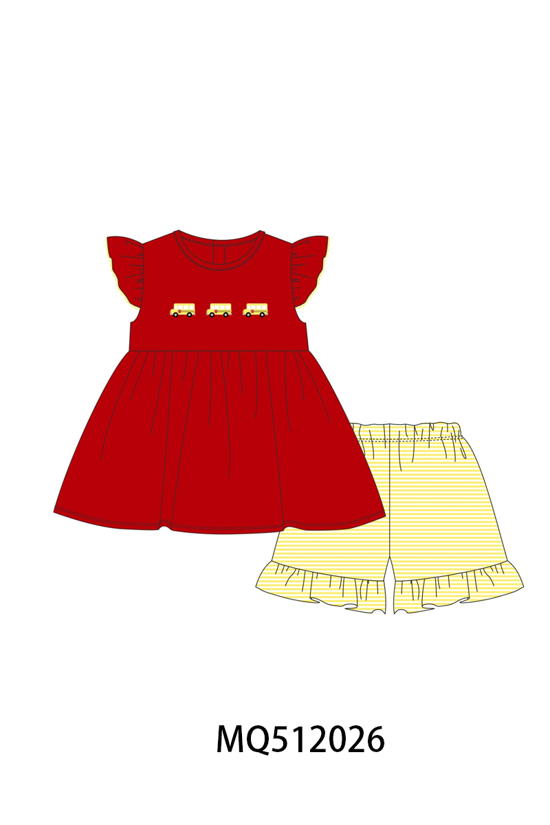Red School bus Smocked Ruffle Shorts set
