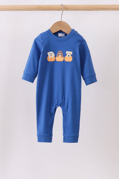 Royal blue puppy pumpkin embroidery romper