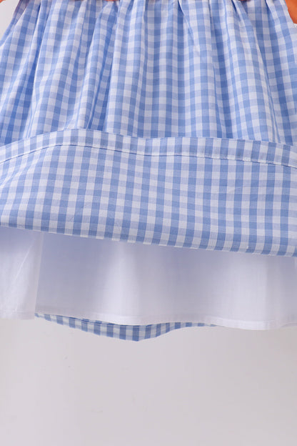 Blue gingham pumpkin embroidery bow dress