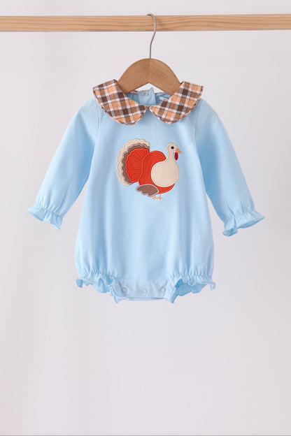 Blue turkey embroidery plaid ruffle bubble