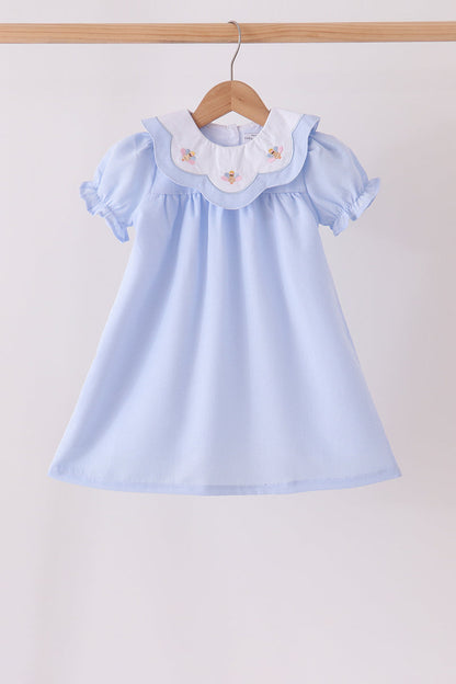 Blue turkey embroidery checkered dress