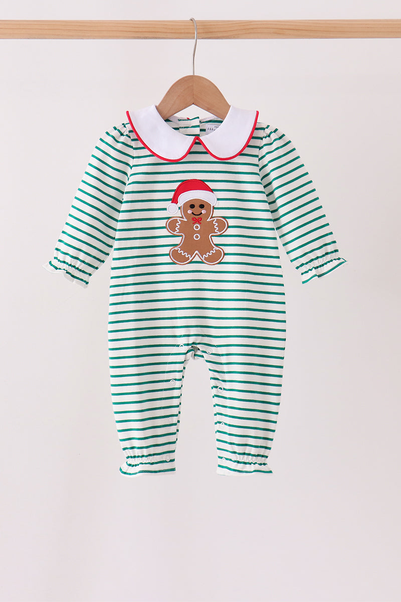 Green stripe gingerbread embroidery ruffle romper