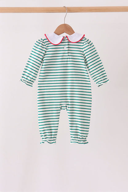 Green stripe gingerbread embroidery ruffle romper
