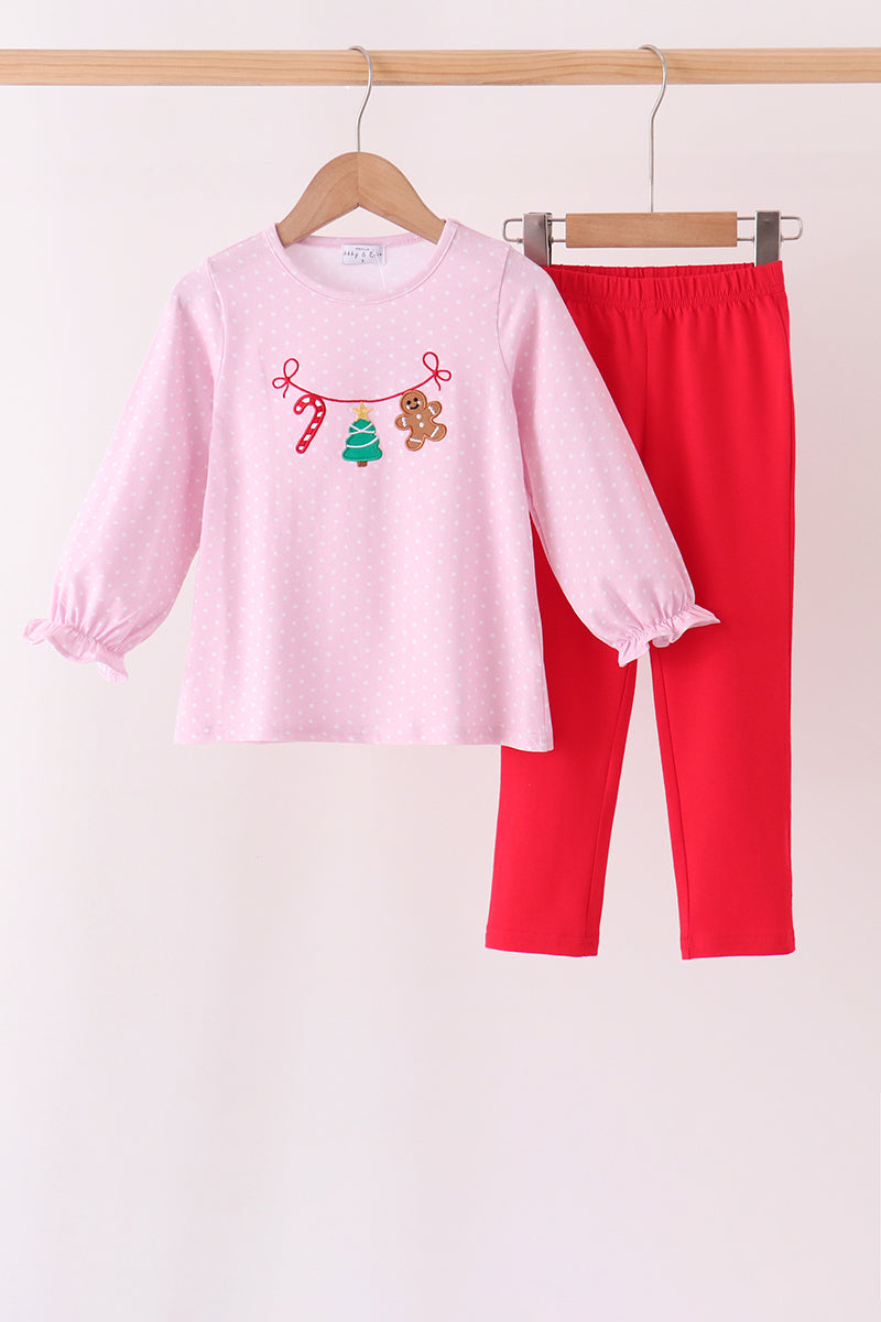 Pink christmas tree gingerbread embroidery pants set