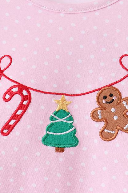 Pink christmas tree gingerbread embroidery pants set