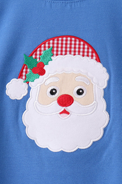 Blue santa embroidery gingham pants set