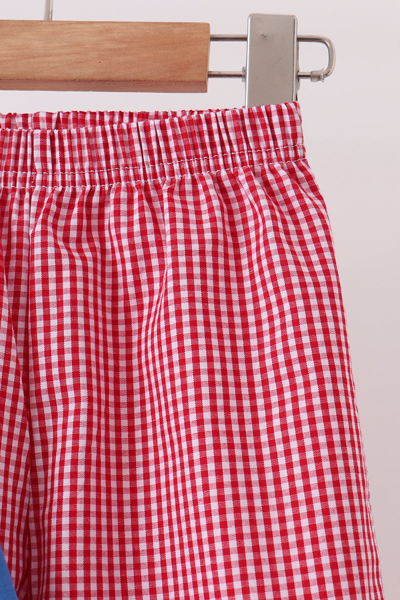Blue santa embroidery gingham pants set