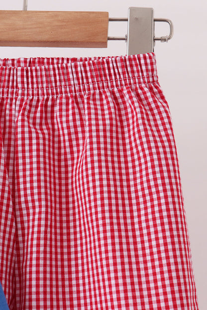 Blue santa embroidery gingham pants set