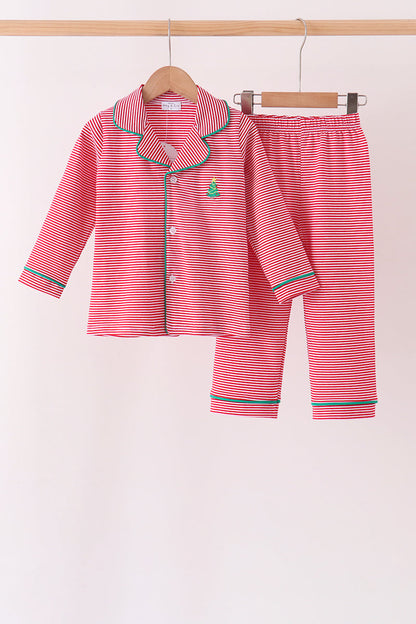 Red stripe christmas tree embroidery pants set