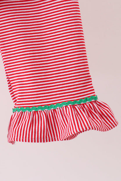 Red stripe christmas tree embroidery ruffle pants set