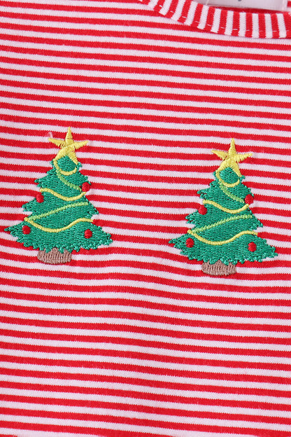 Red stripe christmas tree embroidery ruffle dress