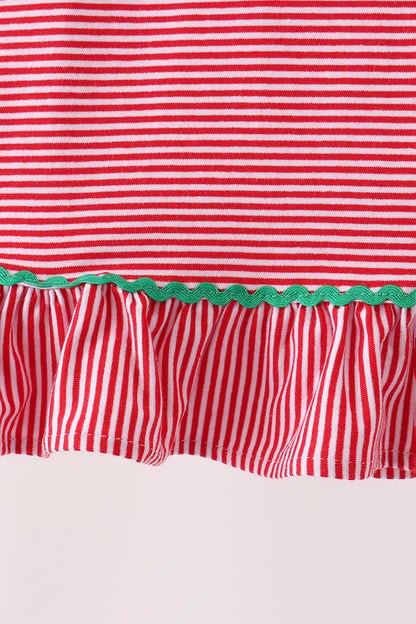 Red stripe christmas tree embroidery ruffle dress