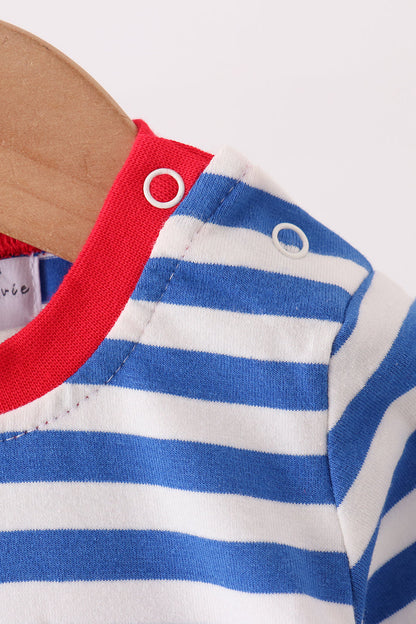 Blue stripe train gingerbread embroidery romper