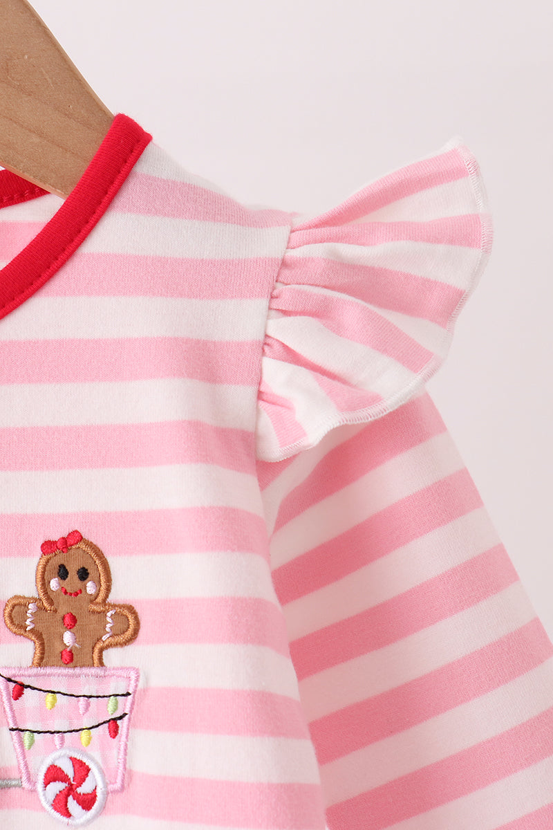 Pink gingerbread embroidery stripe ruffle romper