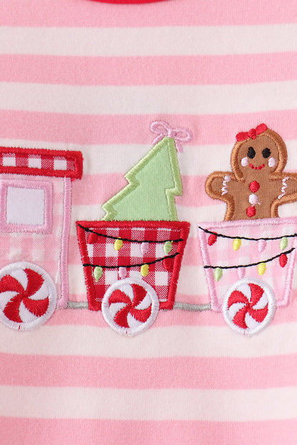 Pink gingerbread embroidery stripe ruffle romper