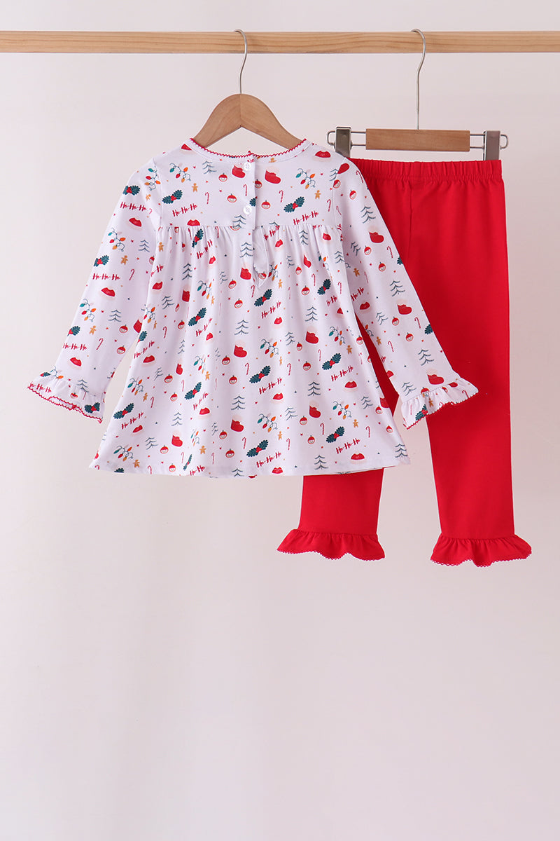 Red holly print ruffle pants set
