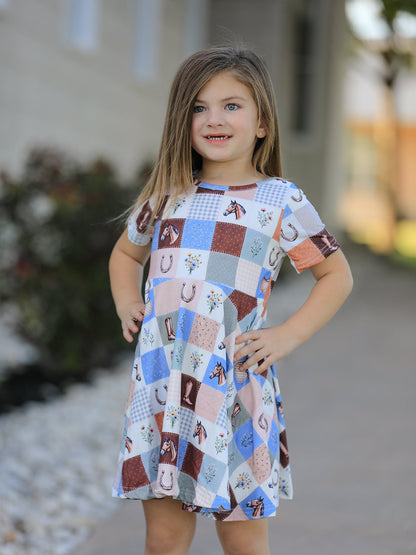 Western Horse Patchwork Print Girls Short Sleeve Twirl Dress