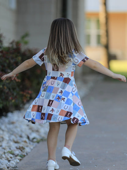 Western Horse Patchwork Print Girls Short Sleeve Twirl Dress