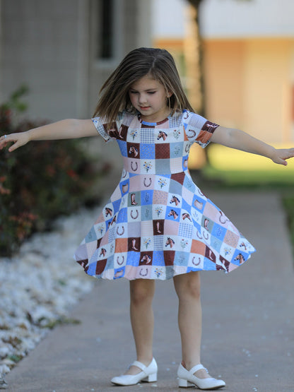 Western Horse Patchwork Print Girls Short Sleeve Twirl Dress