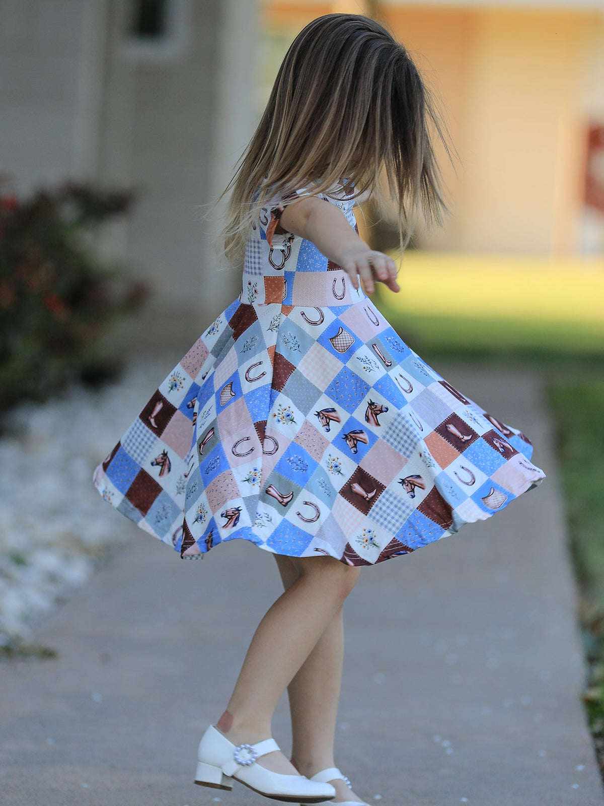 Western Horse Patchwork Print Girls Short Sleeve Twirl Dress