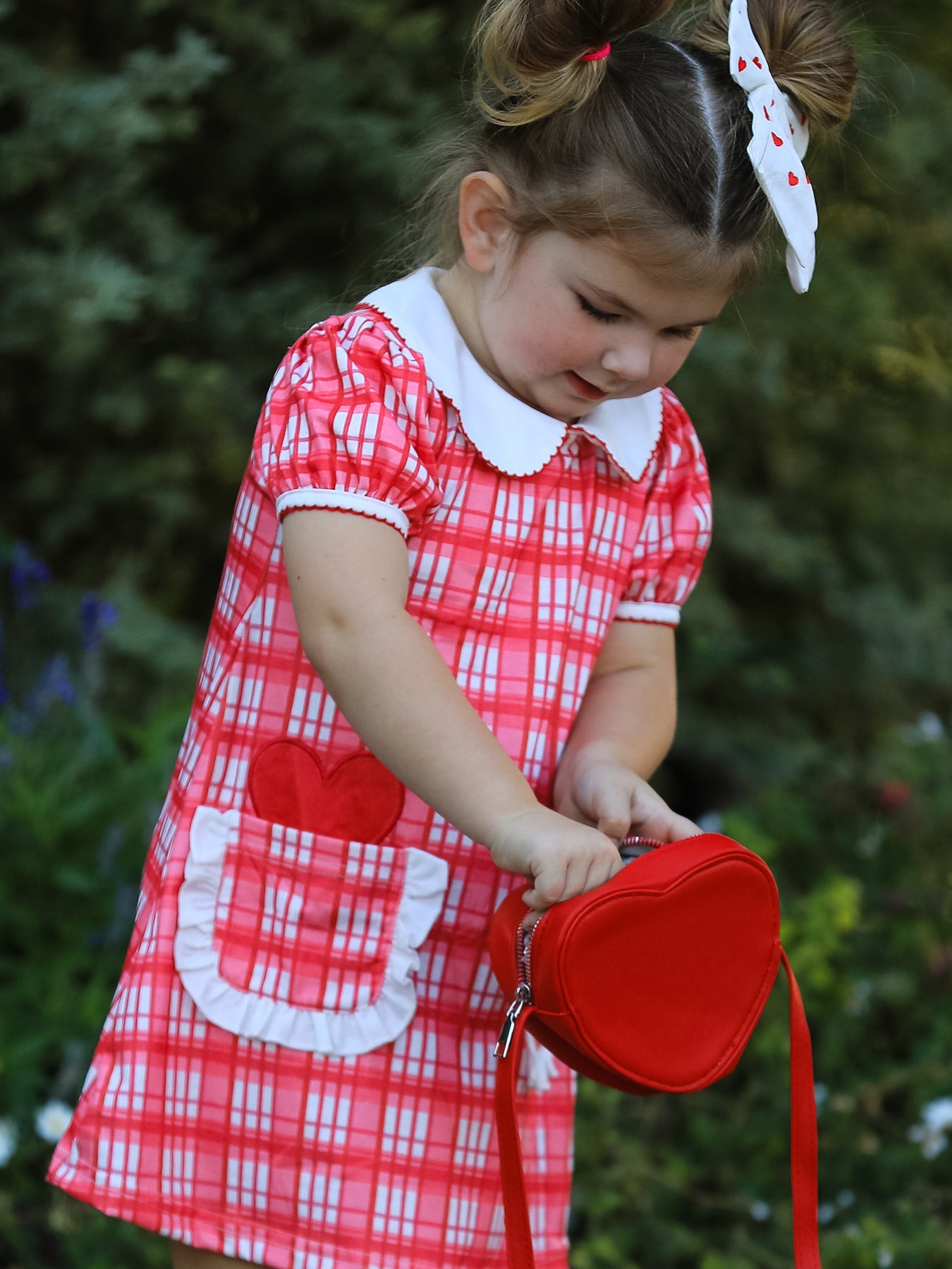 Valentine's Day Plaid Pocket Girls Short Sleeves Dress