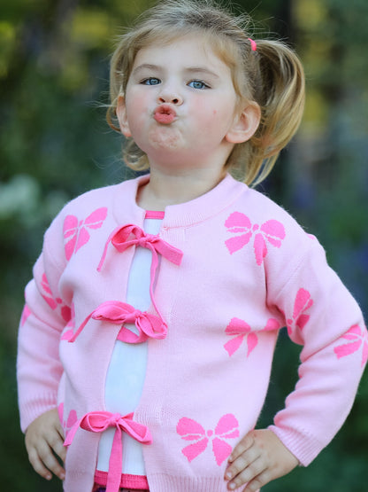 Pink Baby Bow Ribbon Ties Sweater Cardigan