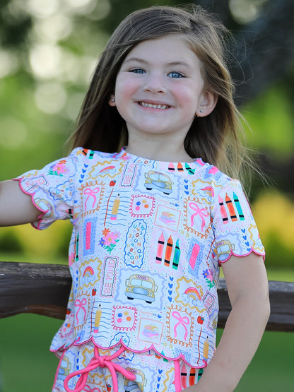 PREORDER Back to School Print Girl Short Set Scallop Hem