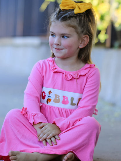 Fall Thanksgiving& Halloween "GOBBLE" Smock Embroidery Baby Girl Dress