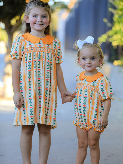 Fall Floral Stripe Baby Girls Romper Petals Collar Smocked