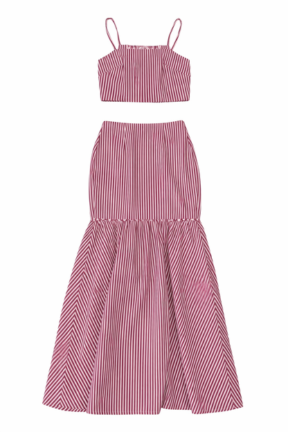 Women's Striped Maxi Skirt Set - Maroon and White