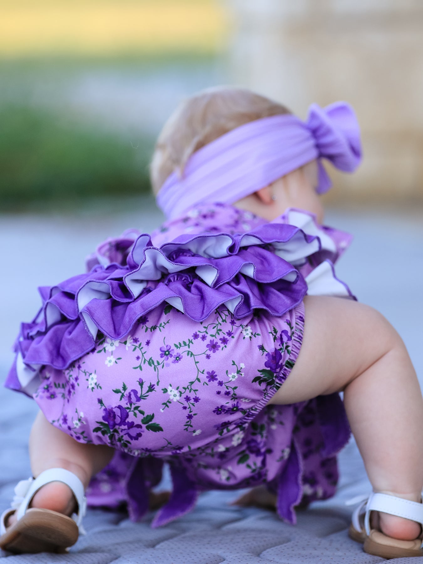 Fall Lavender Floral Print Girls Long Sleeve Romper