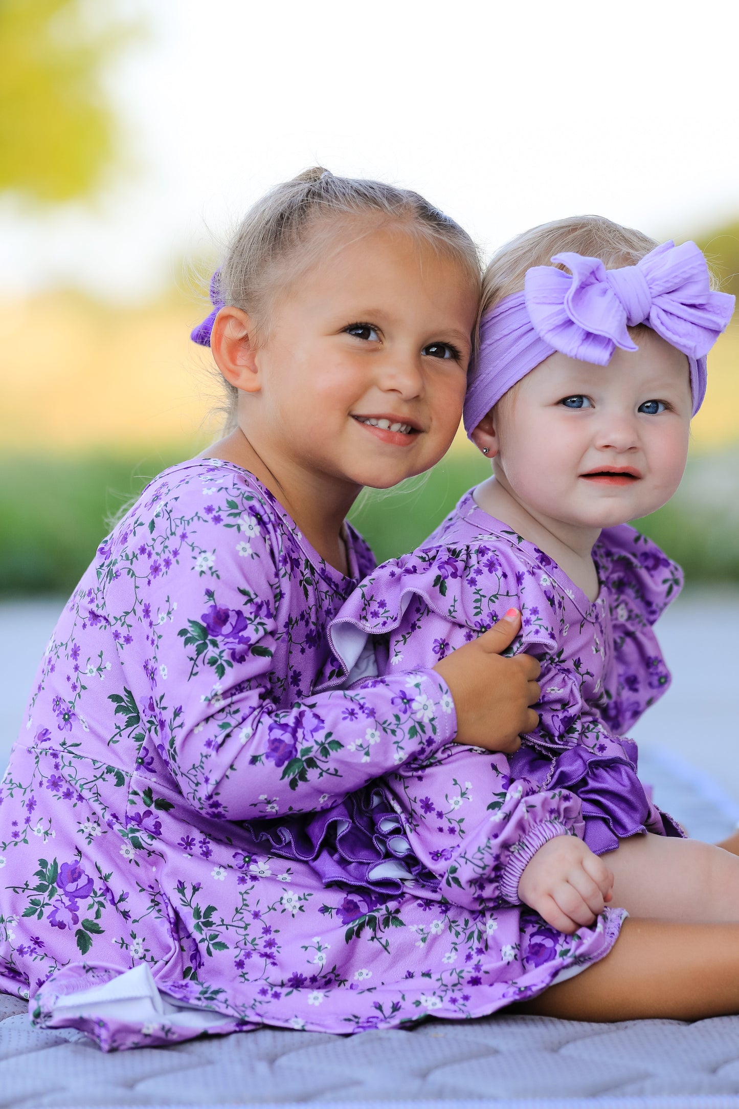Fall Lavender Floral Print Girls Long Sleeve Twirl Dress