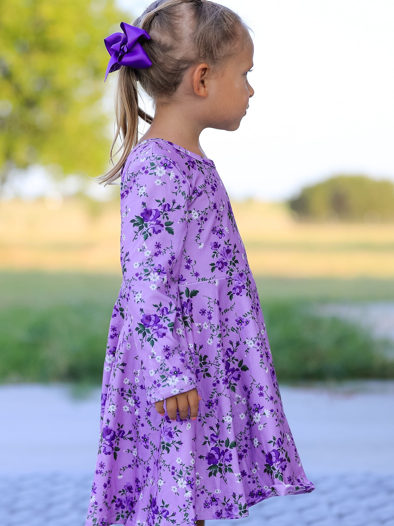 Fall Lavender Floral Print Girls Long Sleeve Twirl Dress