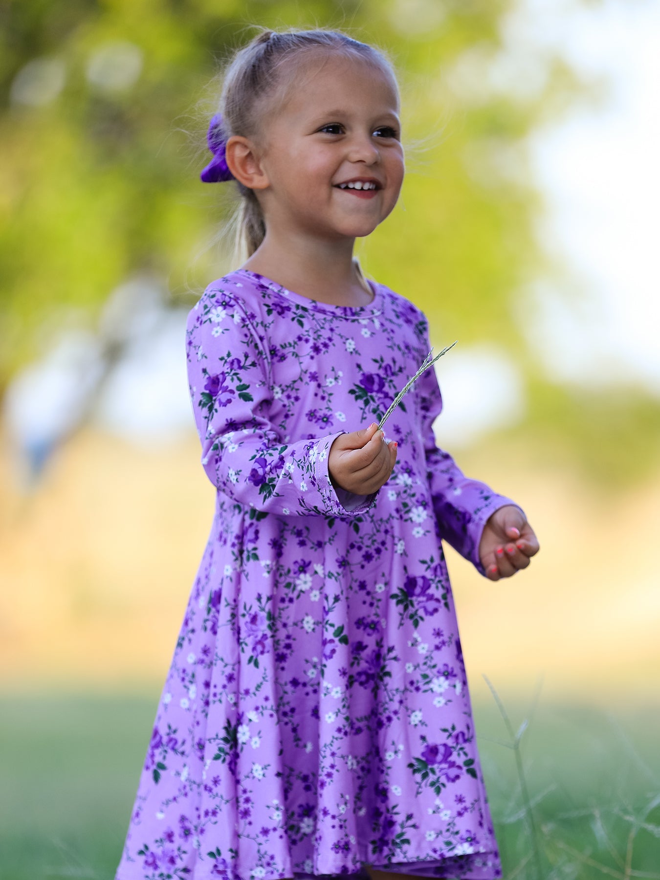 Fall Lavender Floral Print Girls Long Sleeve Twirl Dress
