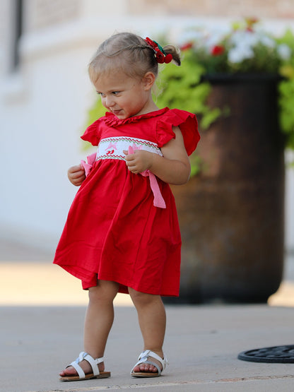 Red Cherry Bow Smocking Embroidery Girls'  Dress