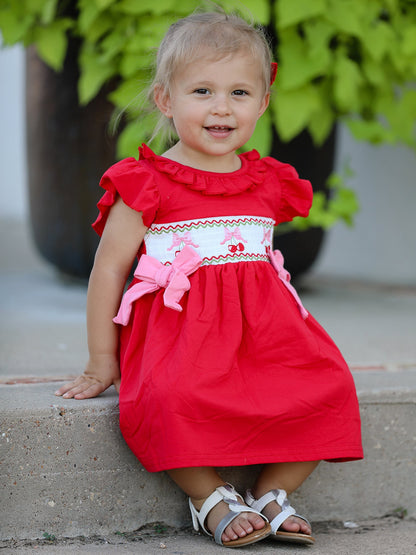 Red Cherry Bow Smocking Embroidery Girls'  Dress