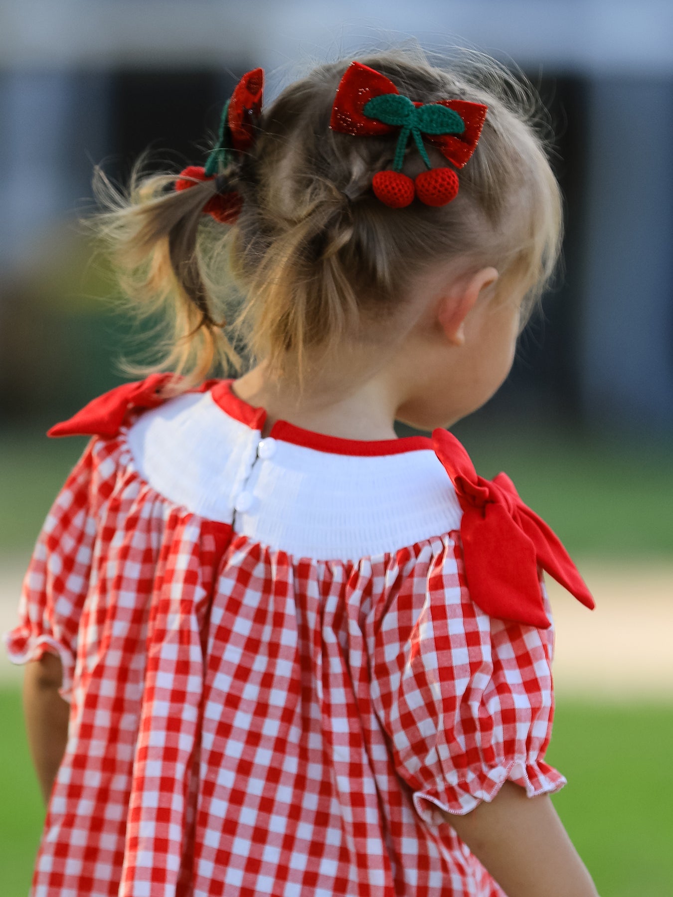 Red Cherry Bow Plaid Smocking Embroidery Girls'  Dress