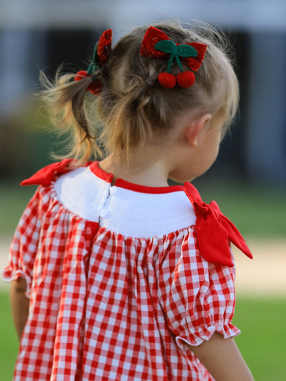 Red Cherry Bow Plaid Smocking Embroidery Girls'  Dress