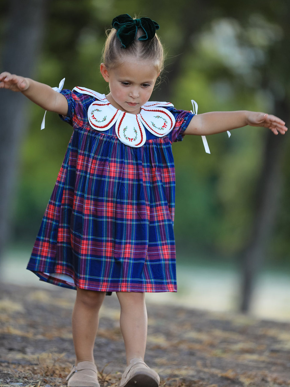 Navy Red Christmas Plaid Wreath Embroidered Girl Dress