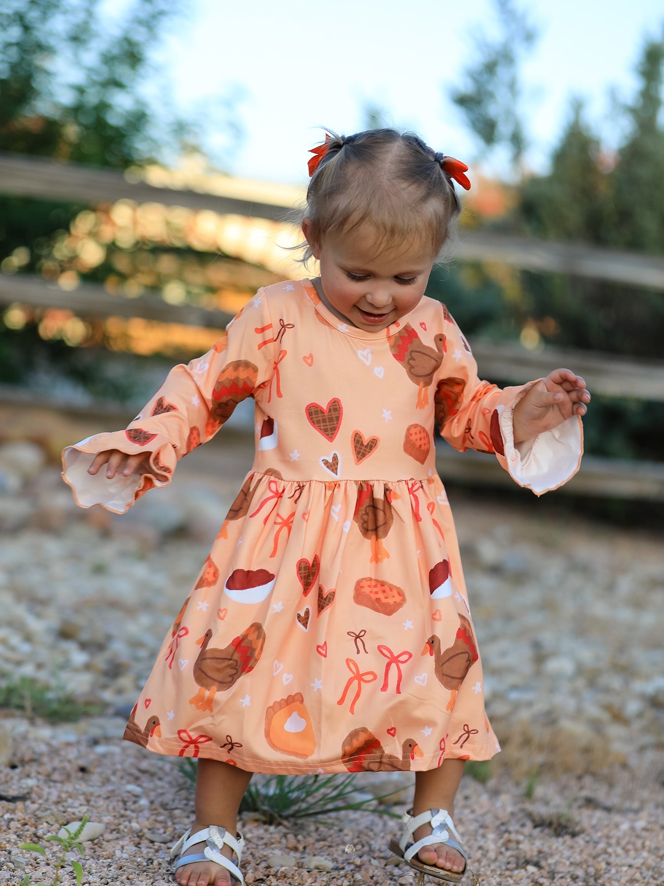 Thanksgiving Day Turkey Pie Print Ruffle Sleeve Dress