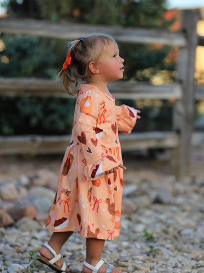 Thanksgiving Day Turkey Pie Print Ruffle Sleeve Dress