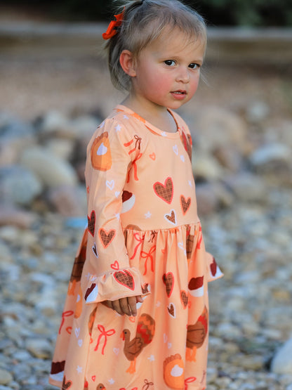 Thanksgiving Day Turkey Pie Print Ruffle Sleeve Dress