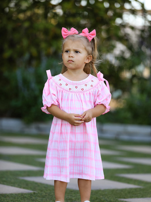 Valentine's Day Pink Plaid Smocked Heart Embroidery Girls Dress