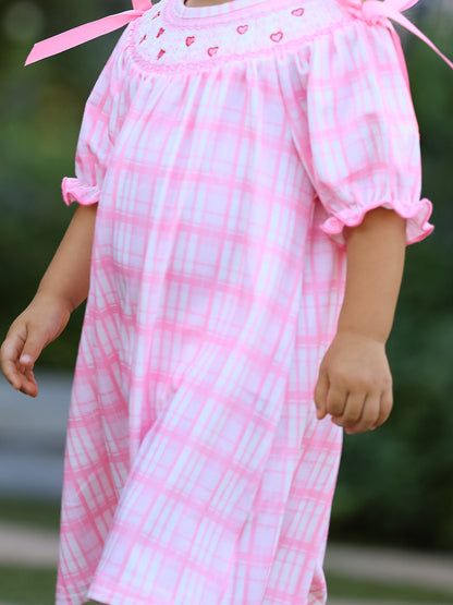 Valentine's Day Pink Plaid Smocked Heart Embroidery Girls Dress