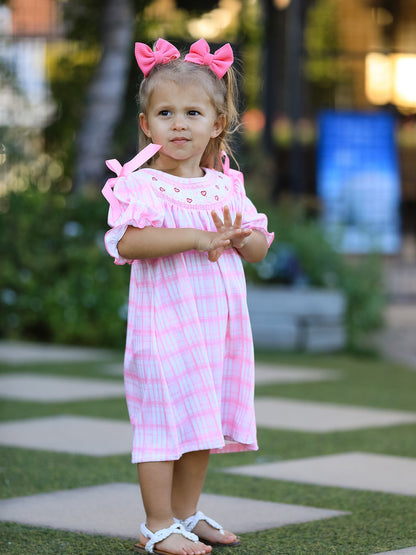Valentine's Day Pink Plaid Smocked Heart Embroidery Girls Dress