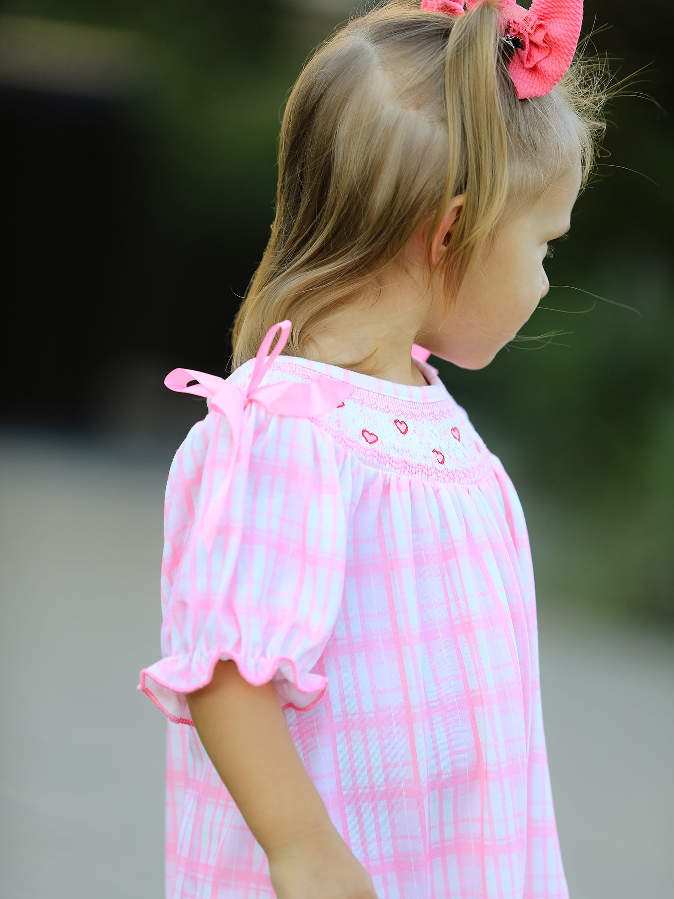 Valentine's Day Pink Plaid Smocked Heart Embroidery Girls Dress