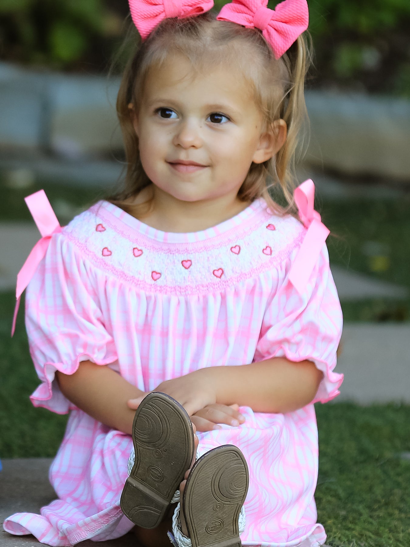 Valentine's Day Pink Plaid Smocked Heart Embroidery Girls Dress